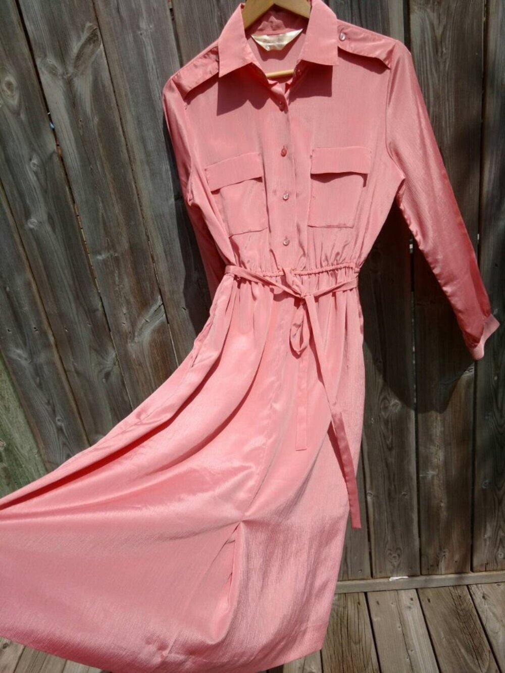 Vintage Pink Silky Dress 38" Bust Secretary Collar Pockets Long Sleeves - Picture 4 of 10